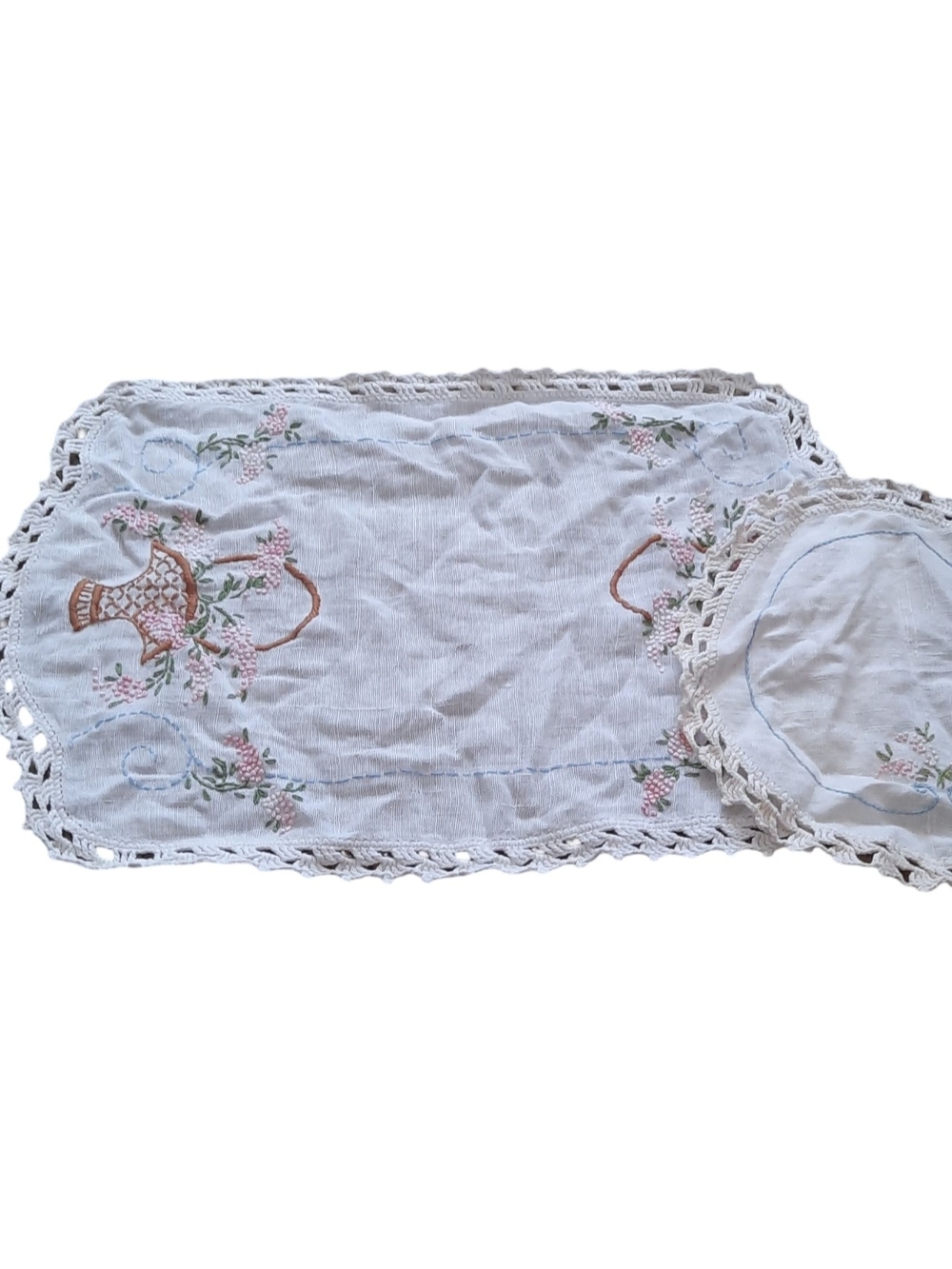 Embroidered White Lace-Edge Table Runner Set
